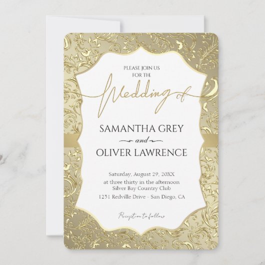 Invitation Mariage damassé blanche et or (Devant)