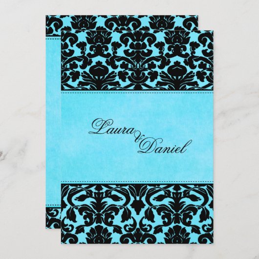 Invitation Mariage damassé bleue et noire (Devant / Derrière)
