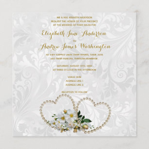 Invitation Mariage Damassé Cœurs et Fleurs de Perle