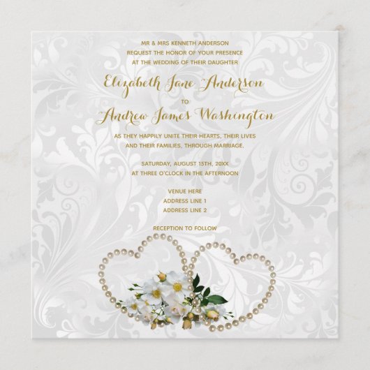 Invitation Mariage Damassé Cœurs et Fleurs de Perle (Devant)