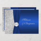 INVITATION Mariage damassé d'argent de la marine R (Devant / Derrière)