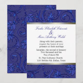 Invitation Mariage damassé de fleurs bleues (Devant / Derrière)