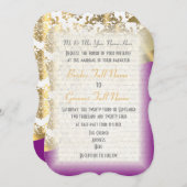 Invitation Mariage damassé de luxe violet foncé et or (Devant / Derrière)