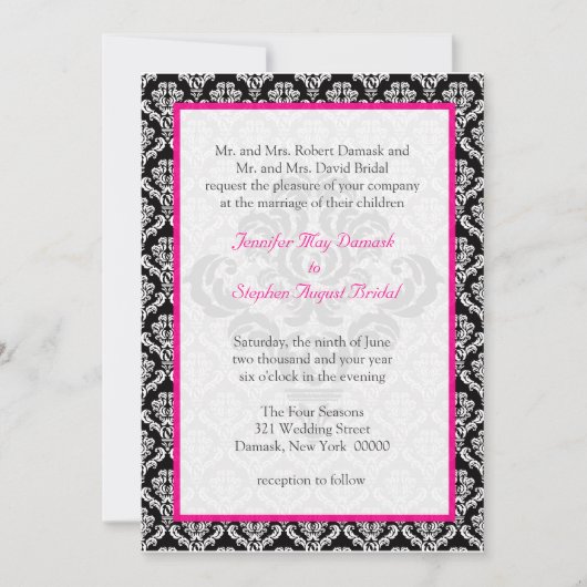 Invitation Mariage damassé Elégant Modèle noir rose blanc (Devant)