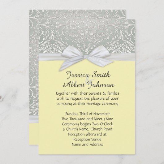 Invitation Mariage damassé en dentelle jaune/argen (Devant / Derrière)