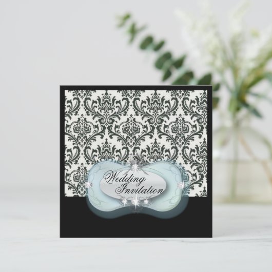 Invitation mariage damassé en noir et blanc (Debout devant)