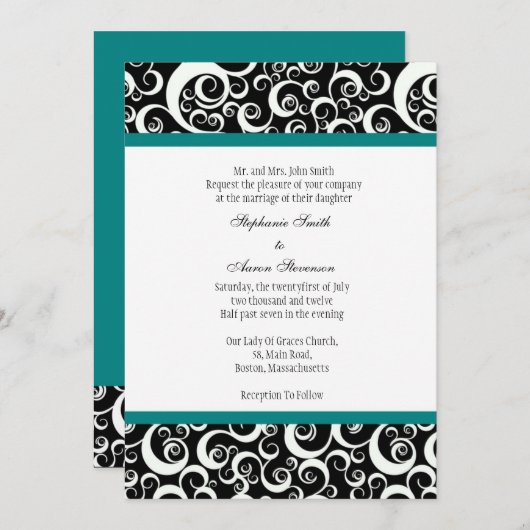 Invitation Mariage damassé en noir et blanc avec T (Devant / Derrière)