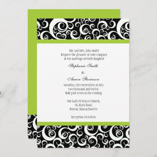 Invitation Mariage damassé en noir et blanc avec v (Devant / Derrière)