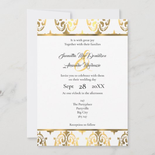 Invitation Mariage damassé en or et blanc (Devant)