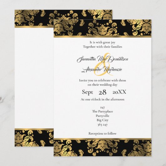 Invitation Mariage damassé en or et noir (Devant / Derrière)