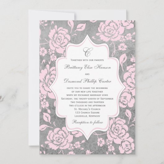 Invitation Mariage damassé Floral Blanc Gris Rose (Devant)