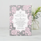 Invitation Mariage damassé Floral Blanc Gris Rose (Debout devant)
