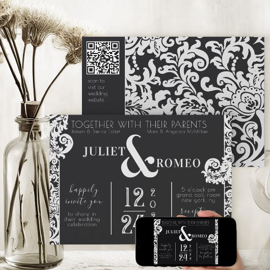 Invitation Mariage damassé florale moderne noir et blanc