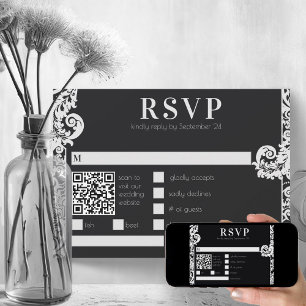 Invitation Mariage damassé florale moderne noir et blanc RSVP