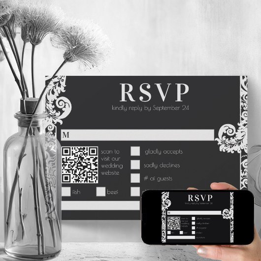 Invitation Mariage damassé florale moderne noir et blanc RSVP