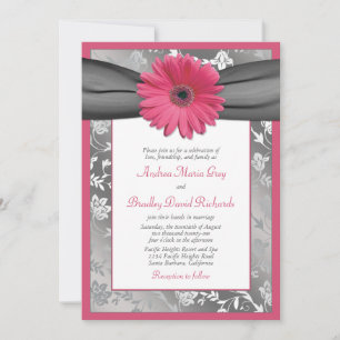 Invitation Mariage damassé florale rose et gris