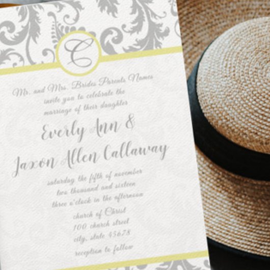 Invitation Mariage damassé gris clair et jaune Iri