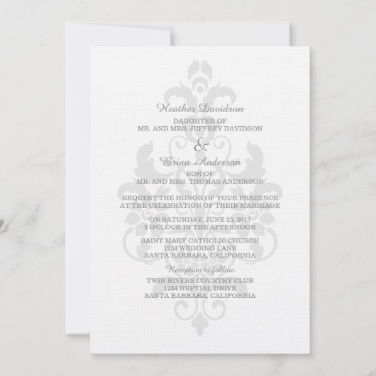 Invitation Mariage damassé gris subtil (Devant)