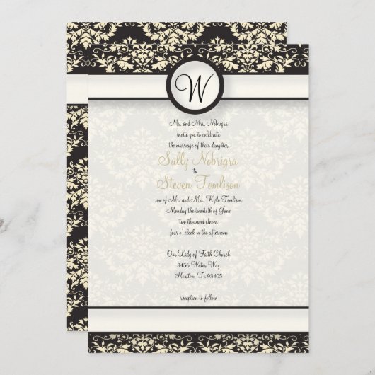 Invitation Mariage damassé jaune (Devant / Derrière)