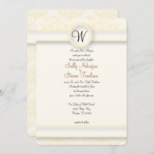 Invitation Mariage damassé jaune (Devant / Derrière)