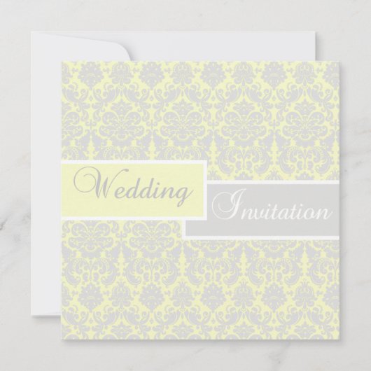 Invitation Mariage damassé jaune, blanc et gris (Devant)