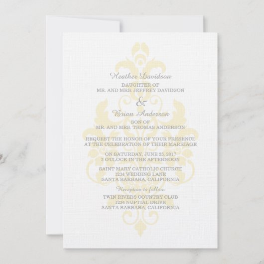 Invitation Mariage damassé jaune subtil (Devant)