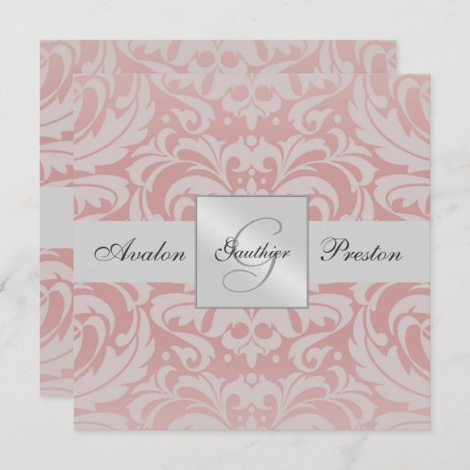 Invitation Mariage damassé Monogramme argenté et r (Devant / Derrière)