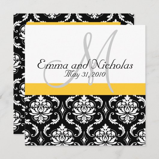 Invitation Mariage damassé Monogramme Jaune (Devant / Derrière)