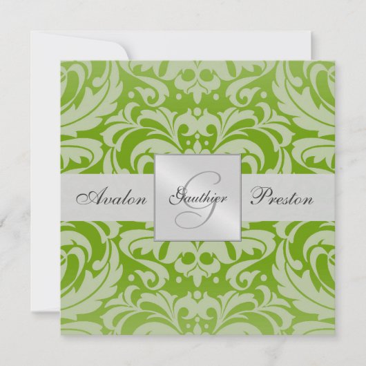 Invitation Mariage damassé Monogramme Vert (Devant)