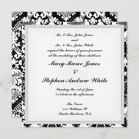 Invitation mariage damassé noir et blanc (Devant / Derrière)