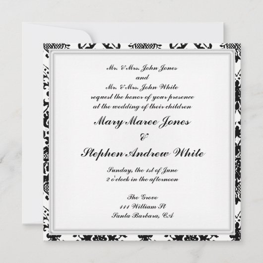 Invitation mariage damassé noir et blanc (Devant)