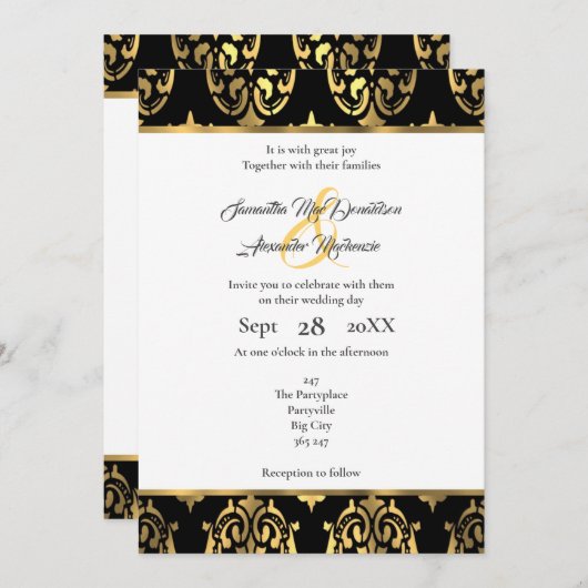 Invitation Mariage damassé noir et or (Devant / Derrière)