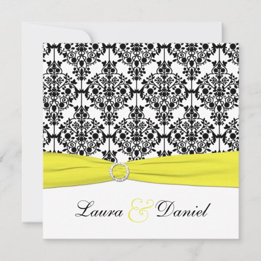 Invitation Mariage damassé noire, blanche, jaune (Devant)