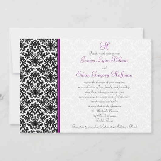 Invitation Mariage damassé noire, blanche, violett (Devant)