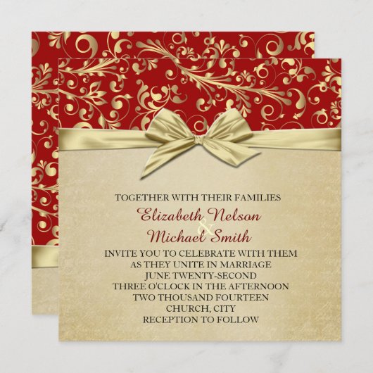 Invitation Mariage damassé Red/Gold de Noël (Devant / Derrière)