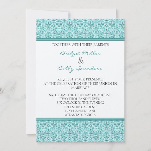 Invitation Mariage damassé romantique, Turquoise (Devant)