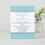 Invitation Mariage damassé romantique, Turquoise (Debout devant)