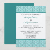 Invitation Mariage damassé romantique, Turquoise (Devant / Derrière)