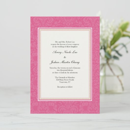 Invitation Mariage damassé rose (Debout devant)