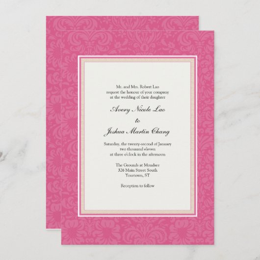 Invitation Mariage damassé rose (Devant / Derrière)