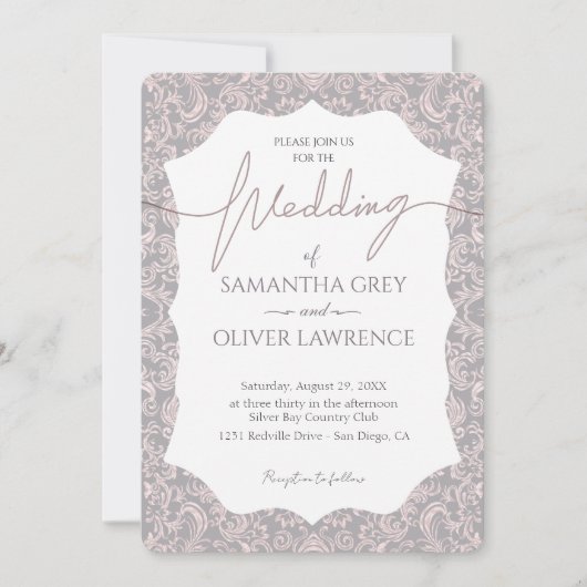 Invitation Mariage damassé rose et gris (Devant)
