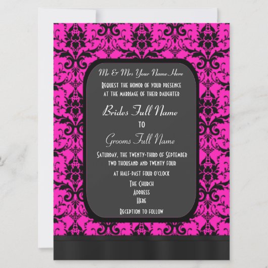 Invitation Mariage damassé rose et noir chaud (Devant)