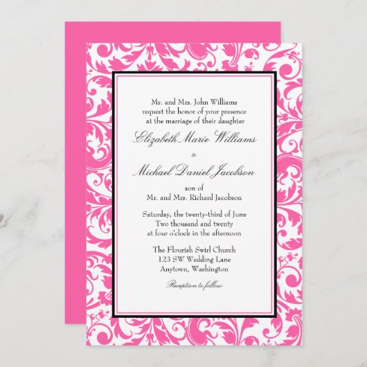 Invitation Mariage damassé rose et noire (Devant / Derrière)