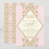 Invitation Mariage damassé rose et or (Devant / Derrière)