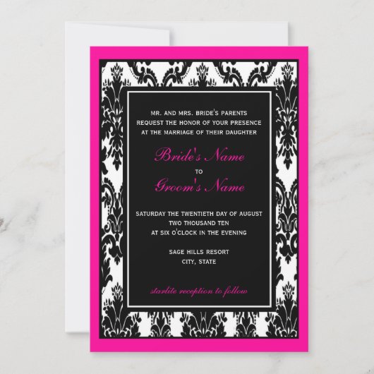 Invitation Mariage damassé rose noir (Devant)