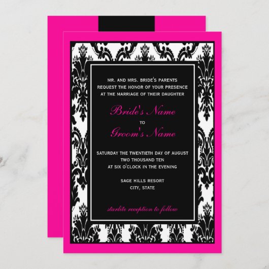 Invitation Mariage damassé rose noir (Devant / Derrière)