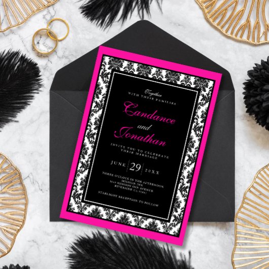 Invitation Mariage damassé rose noir