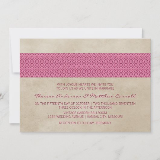 Invitation Mariage damassé rose rustique (Devant)