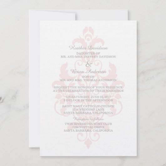 Invitation Mariage damassé rose subtil (Devant)