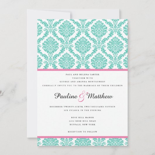 Invitation Mariage damassé rose turquoise chic (Devant)